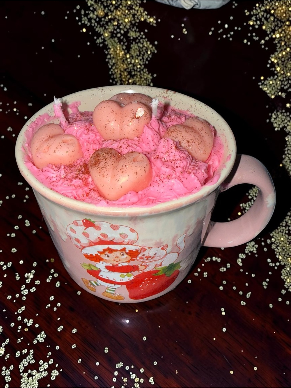 Handmade Strawberry Shortcake Mug Cherry Soy Candle 2 Wick - Picture 4 of 7